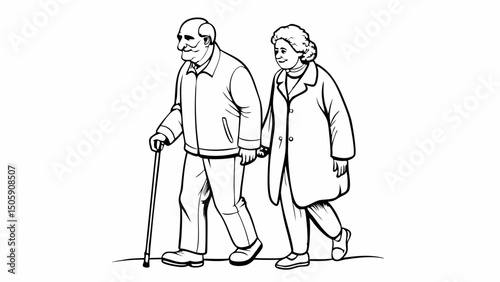 Retired couple walking hand-in-hand in black and white illustration