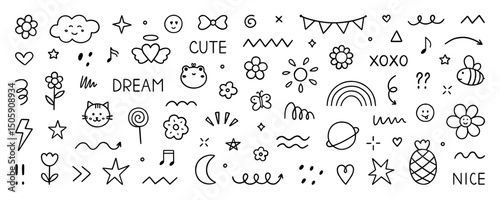 Cute kids elements, preschool kindergarten doodle icons set. Daycare, children drawings, flower, rainbow, cloud, sun, heart in sketch style. Hand drawn vector illustration isolated on white background