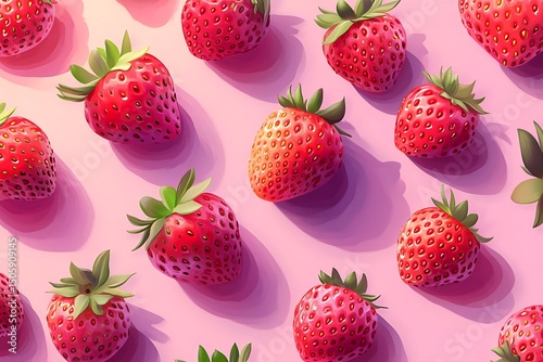Fresh Red Strawberries Pattern Ripe Berries with Green Stems on Pink Background