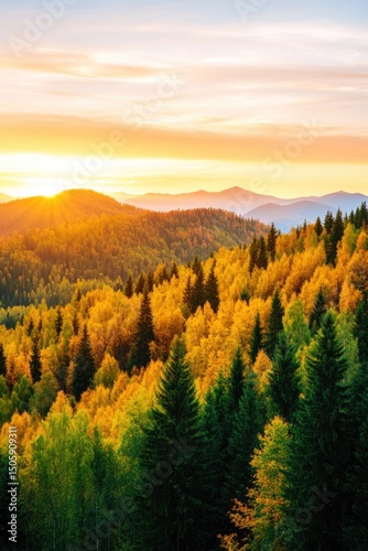 Autumn Sunset in Mountain Forest