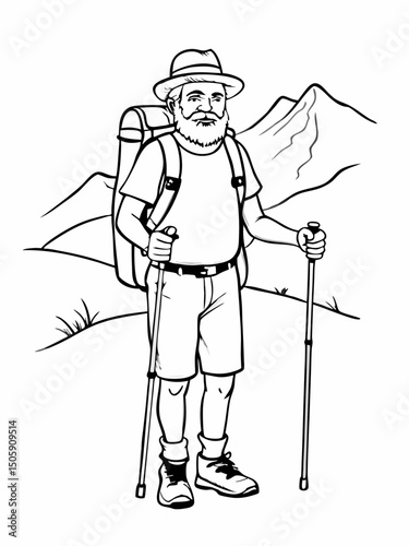 Retired man hiking with backpack and trekking poles in mountain landscape illustration