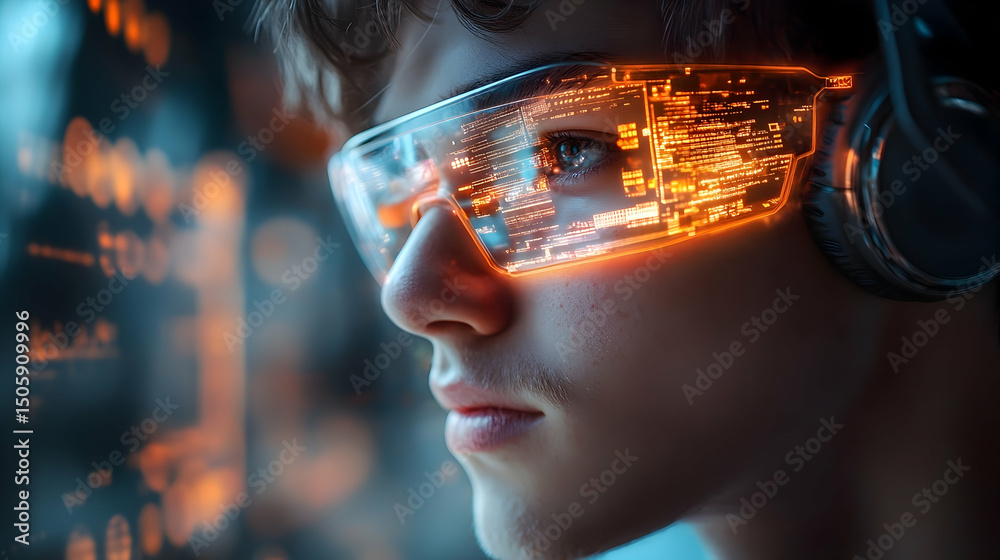 Close-up of a person wearing augmented reality glasses. Close-up of a person wearing augmented reality glasses.