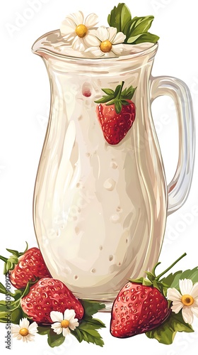 Glass Pitcher Full Of White Liquid with Strawberries and Chamomile Flowers Decor