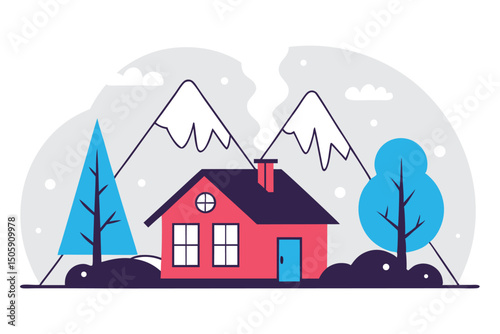 Cozy Cabin in Snowy Mountain Landscape Illustration