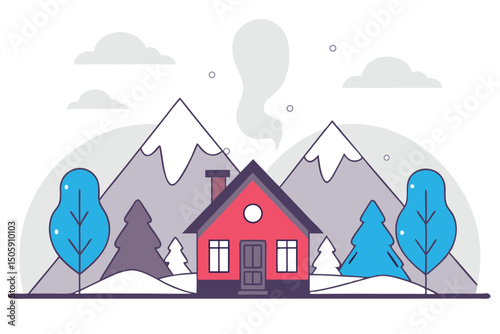 A cozy winter landscape featuring a red house nestled among snowy mountains and trees