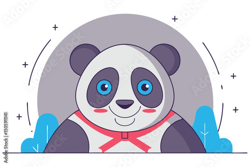 Adorable cartoon panda illustration with stylized elements and a friendly expression on a white background.