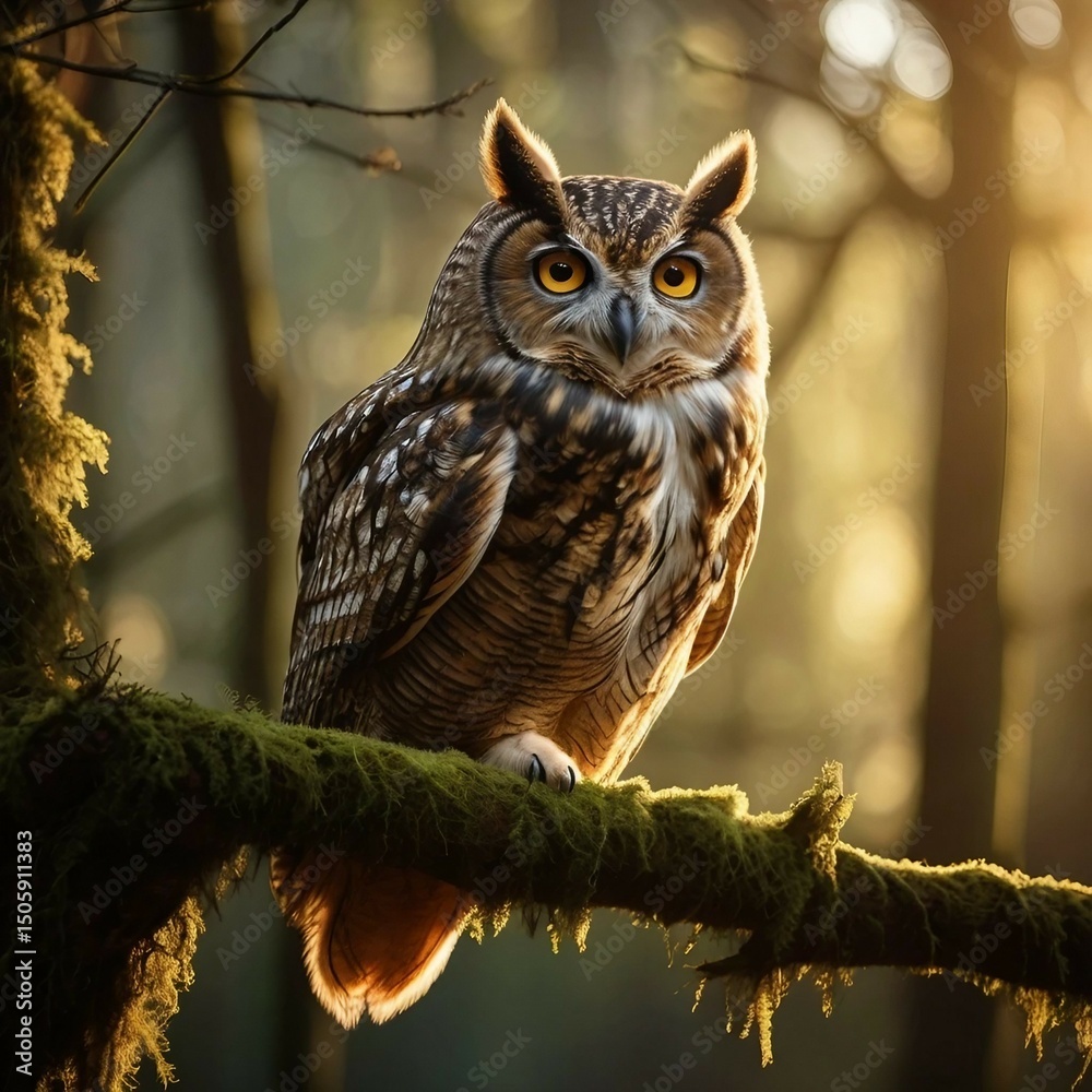 Obraz premium A magnificent brown horned owl, a nocturnal hunter with intense yellow eyes, perched in a tree, showcasing its majestic wild nature and feathery white and brown plumage