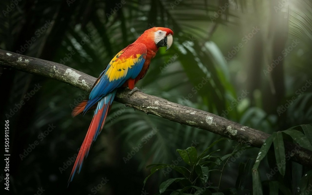 Obraz premium Colorful red and green macaws perched on a branch in a tropical setting