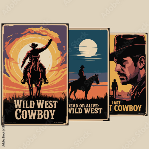 Epic Wild West Cowboy Posters – Rodeo, Lone Riders, Moonlit Cliffs & Gunslingers in Bold Silhouette Western Style	