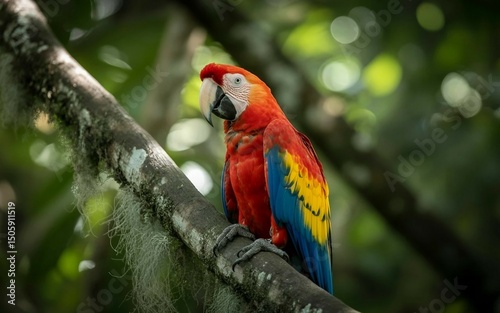 Colorful tropical macaws perched on a branch in the wild