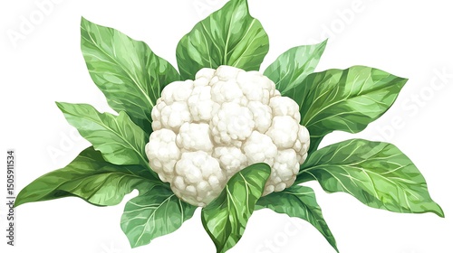 Isolated Fresh Cauliflower Head with Vibrant Green Leaves on White Background
