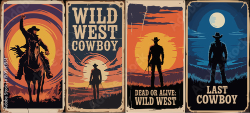 Epic Wild West Cowboy Posters – Rodeo, Lone Riders, Moonlit Cliffs & Gunslingers in Bold Silhouette Western Style	