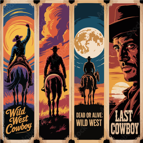 Epic Wild West Cowboy Posters – Rodeo, Lone Riders, Moonlit Cliffs & Gunslingers in Bold Silhouette Western Style	