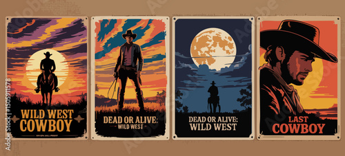 Epic Wild West Cowboy Posters – Rodeo, Lone Riders, Moonlit Cliffs & Gunslingers in Bold Silhouette Western Style	