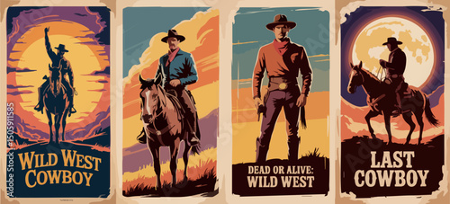 Epic Wild West Cowboy Posters – Rodeo, Lone Riders, Moonlit Cliffs & Gunslingers in Bold Silhouette Western Style	