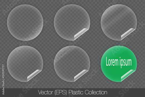 Round plastic stickers with wrinkled edges, transparent adhesive labels set. Realistic 3D Blank circle with a curved edge. Isolated vector (EPS) illustrations, overlay decal elements