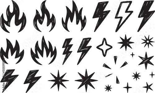 Hand Drawn Set of Fire, Lightning, and Star Graphics