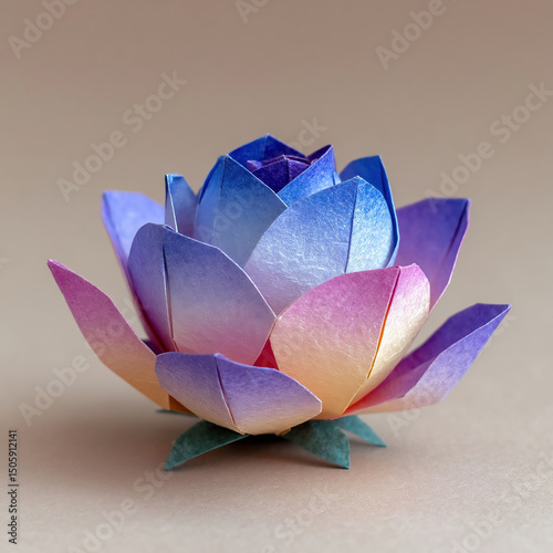 Colorful Origami Lotus Flower with Gradient Hues on Minimal Background

