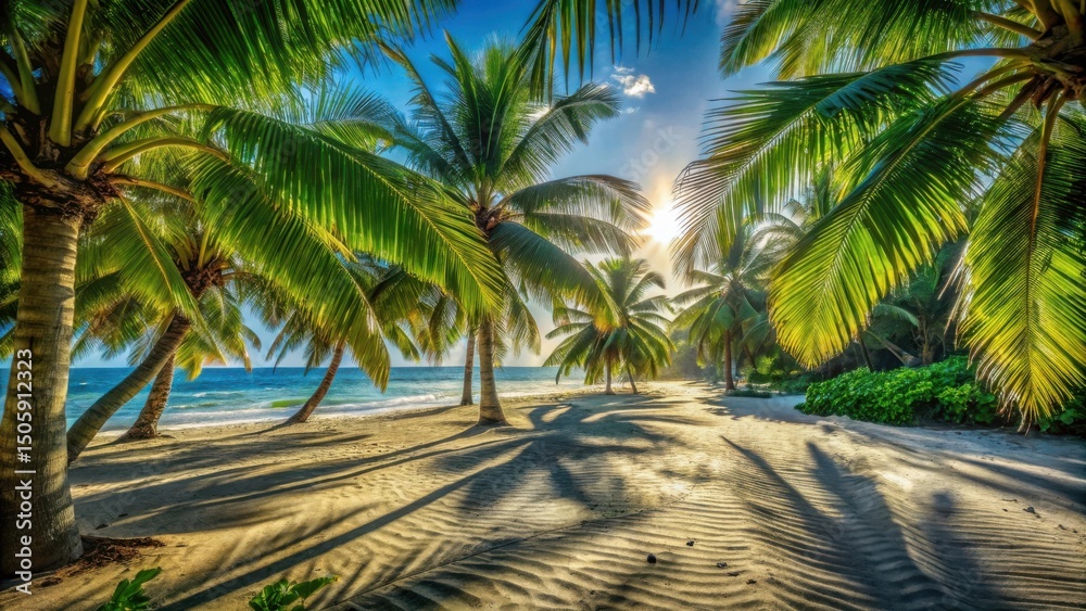 Fototapeta premium Palm trees line a pristine beach, casting long shadows on the soft white sand, as the sun peeks through the lush foliage creating a breathtaking tropical paradise.