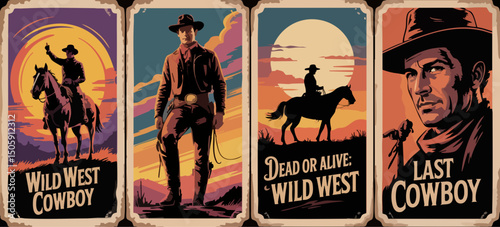 Epic Wild West Cowboy Posters – Rodeo, Lone Riders, Moonlit Cliffs & Gunslingers in Bold Silhouette Western Style	