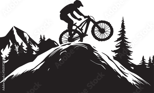 Mountain Biker Silhouette on Hill Vector Landscape