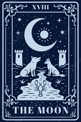 Mystical tarot card The Moon illustration with crescent moon, symbolic river monochromatic one color flat vector esoteric design for boho prints, witchy decor, spiritual art, and magic symbolism
