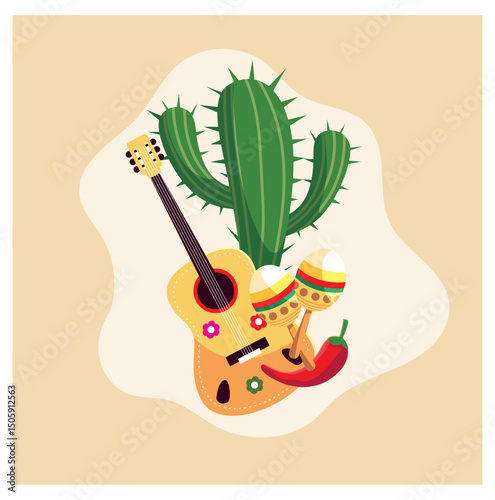 Vector Illustration of Guitar, Cactus, Maracas, and Chili Pepper.