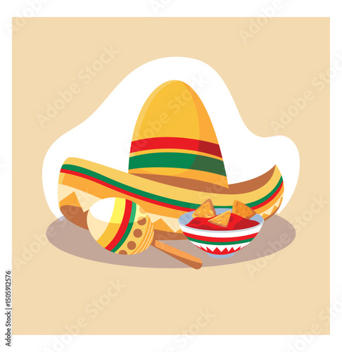 Vector Illustration of Sombrero, Maraca, and Nachos