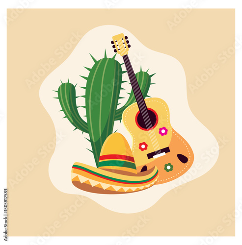 ector Illustration of Guitar, Sombrero and Cactus