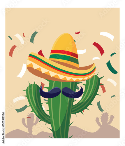 Vector Illustration of a Cactus Wearing a Sombrero and Mustache in a Desert Landscape with Confetti