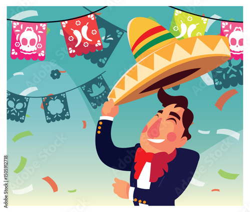 Vector Illustration of a Smiling Mariachi with Sombrero, Confetti, and Papel Picado on a Turquoise Background