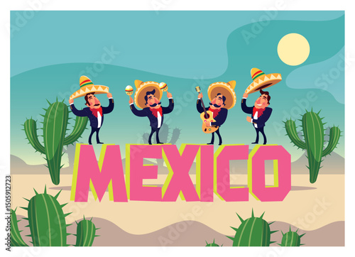 Vector Illustration of Mariachi Musicians Performing in Front of the Word "MEXICO" in a Desert Landscape