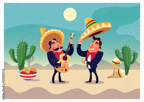 Vector Illustration of Two Mariachi Musicians in a Desert Landscape with Cactus, Nachos, Guitar and Sombrero.