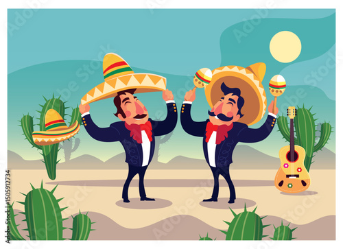 Vector Illustration of Mariachi Musicians in the Desert with Cactus, Guitar, and Maracas.