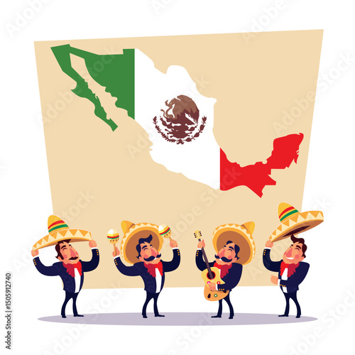 Vector Illustration of Mariachi Musicians with Mexican Flag Map Background.