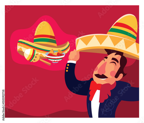 Vector Illustration of Mariachi Holding a Sombrero with Maracas and Nachos Floating in the Background on Red