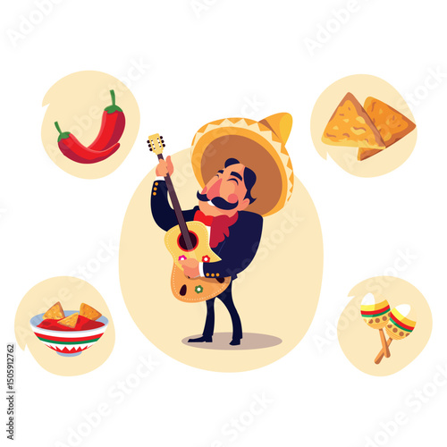 Vector Illustration of a Mariachi Playing Guitar surrounded by Icons of Mexican Culture on Beige Background