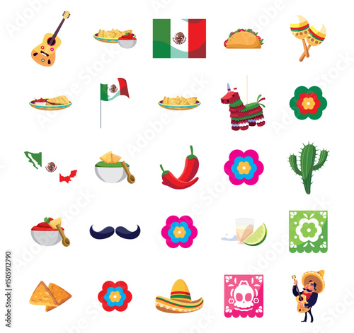 Vector Illustration of Mexican Culture Icons on White Background