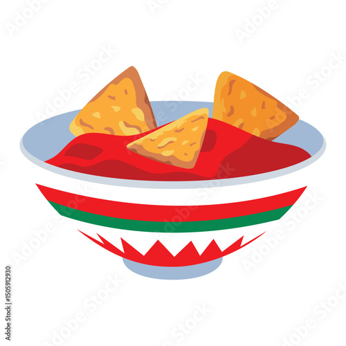 Vector Illustration of Nachos with Salsa in Decorated Bowl on White Background