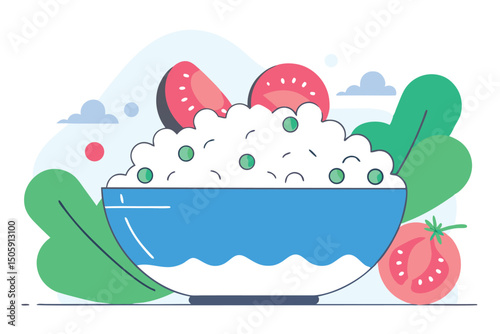 Bowl of rice with tomatoes and green peas in modern minimalist flat style illustration