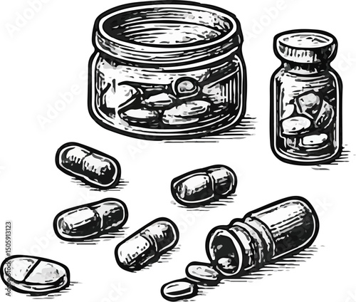 Black and white vintage illustration of medication containers including jars, bottles, capsules, and tablets, symbolizing pharmaceuticals, healthcare, medicine, and vintage medical supplies