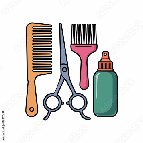 Colorful Hairdressing Tools Set – Comb, Scissors, Spray Bottle & Pick Comb Illustration