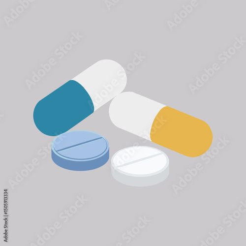 Flat Design Illustration of Colorful Capsules and Tablets on Gray Background – Medical and Pharmaceutical Concept