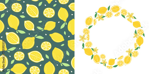Lemons pattern, drawing with fruits. Wreath, frame, template. Summer seamless background. Citruses, food. Flat style. Vector print for textile, fabric, paper, wallpaper, packaging. Place for text