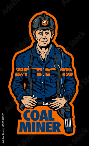 old vintage coal miner in coveralls, hard hat with mining light