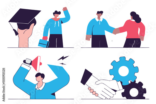 Graduation, Teamwork, and Business Success Illustration Set