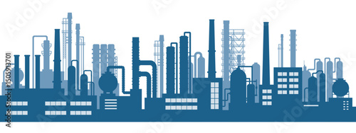 Industrial factories silhouette background. Oil refinery complex with pipes and tanks gas production rigs. Seamless horizontal pattern