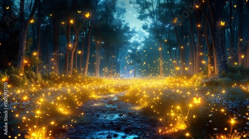 A scene of nocturnal life in a forest, with fireflies illuminating the darkness and the textures of the night flora and fauna vividly depicted.