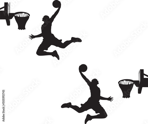 Basketball player dunk silhouette vector, Jumping basketball player vector silhouette