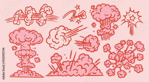 Various cartoon Explosions. Bomb, fire cloud, explosion burst, boom, blast, bang, smoke, gas puffs. Retro, vintage, comic style. Hand drawn trendy Vector illustration. Isolated design elements